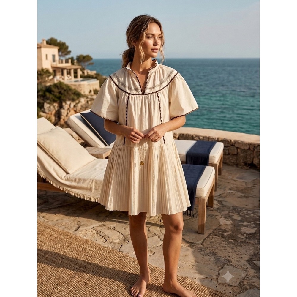 Blue B. Cream Pleated Tiered Boho Ricrac Trim Babydoll Dress Medium Euro Summer
